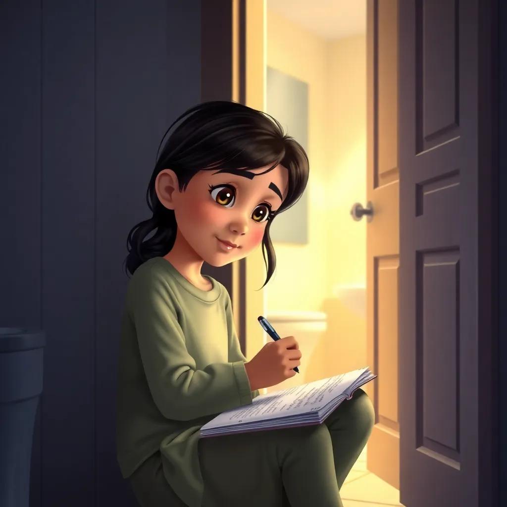 A young Arab girl with dark hair, sitting by the open bathroom door, working on her homework with a pen and notebook, light illuminating from the bathroom, cozy and focused, vibrant colors, high quality