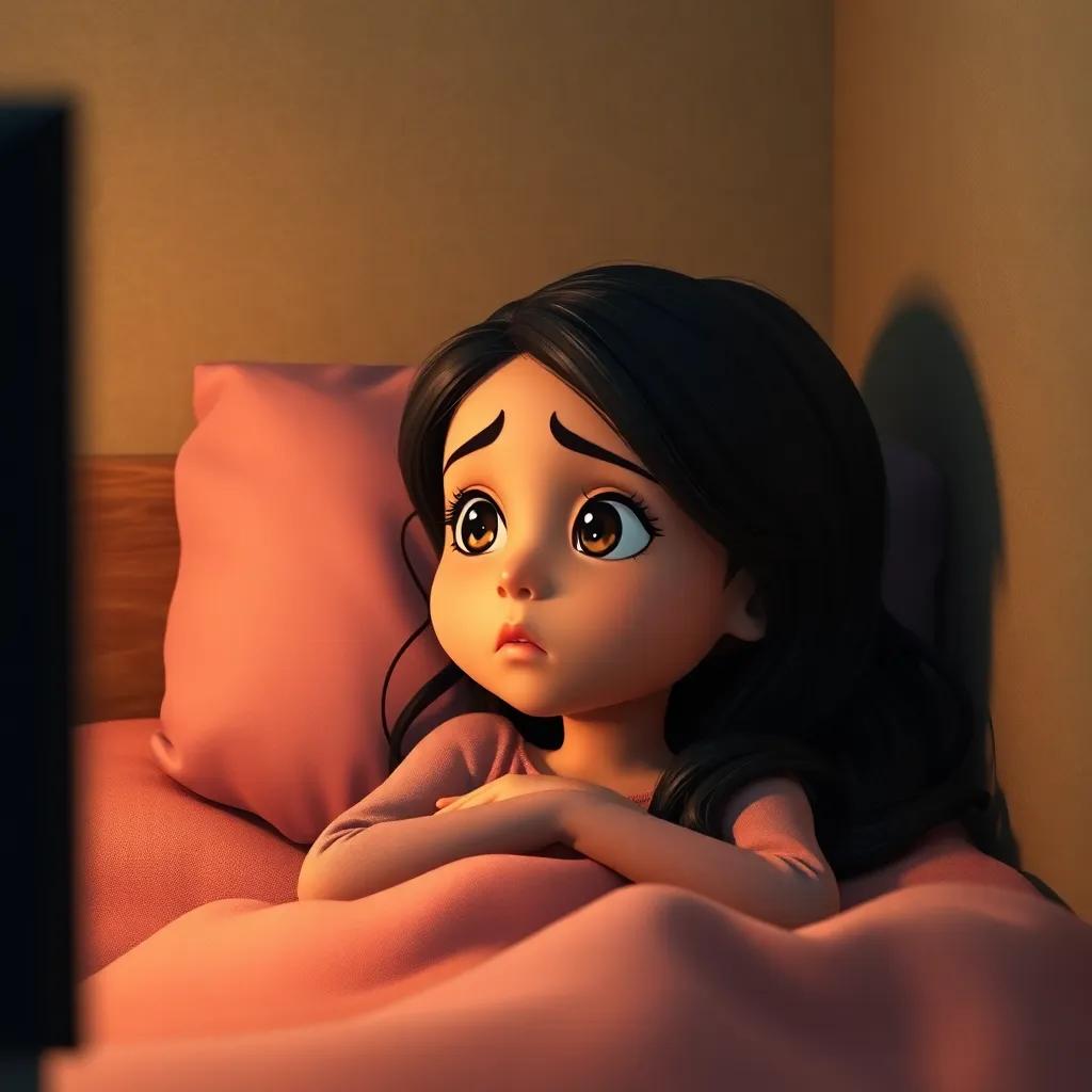 The young Arab girl with dark hair, lying in a small bed looking tired while watching a TV, her face concerned about the loud sounds, soft lighting, warm colors, high quality