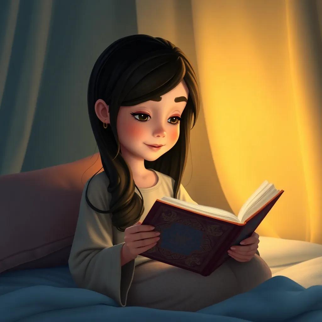 The young Arab girl with dark hair, reading a prayer book in her room, surrounded by comforting light as she prepares to sleep, calming atmosphere, high quality