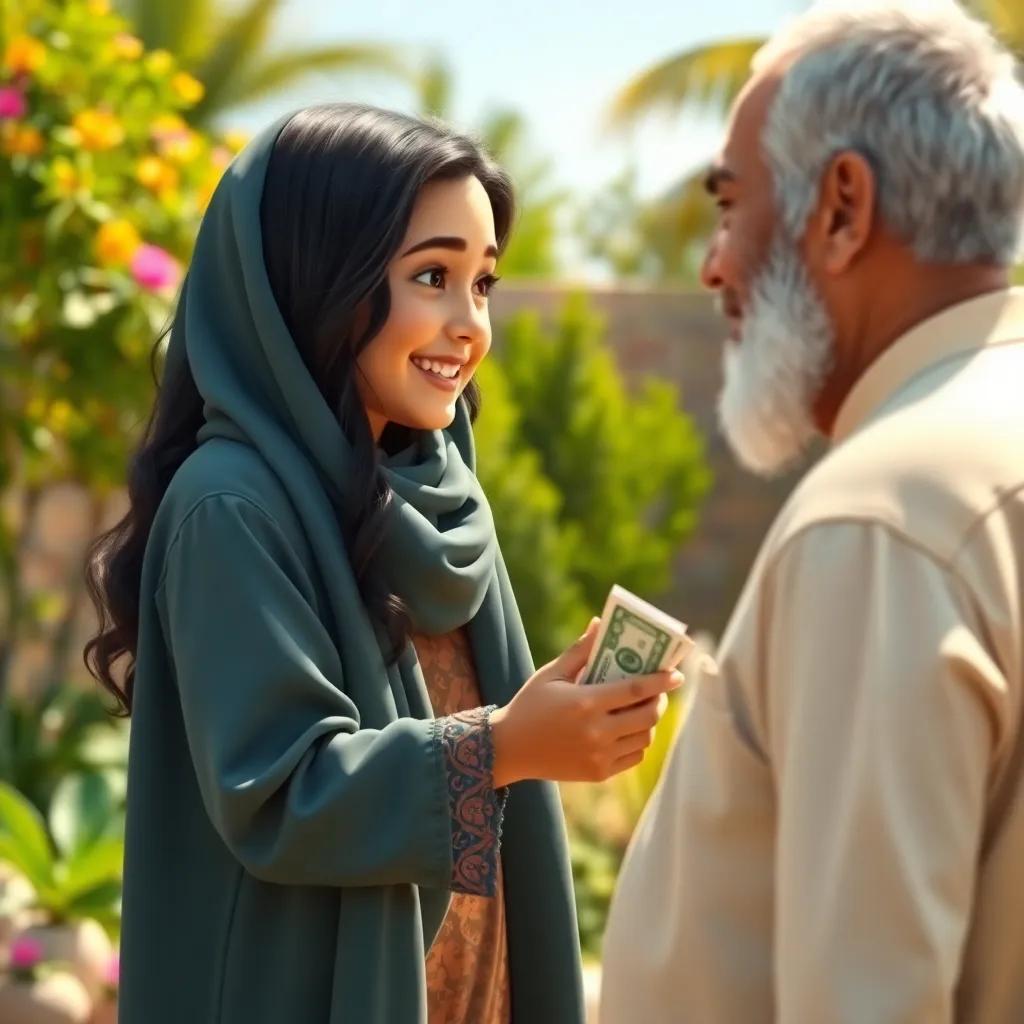 The young Arab girl with dark hair, happily meeting her grandfather in a garden, receiving money from him joyfully, bright sunlight and vivid colors, high quality