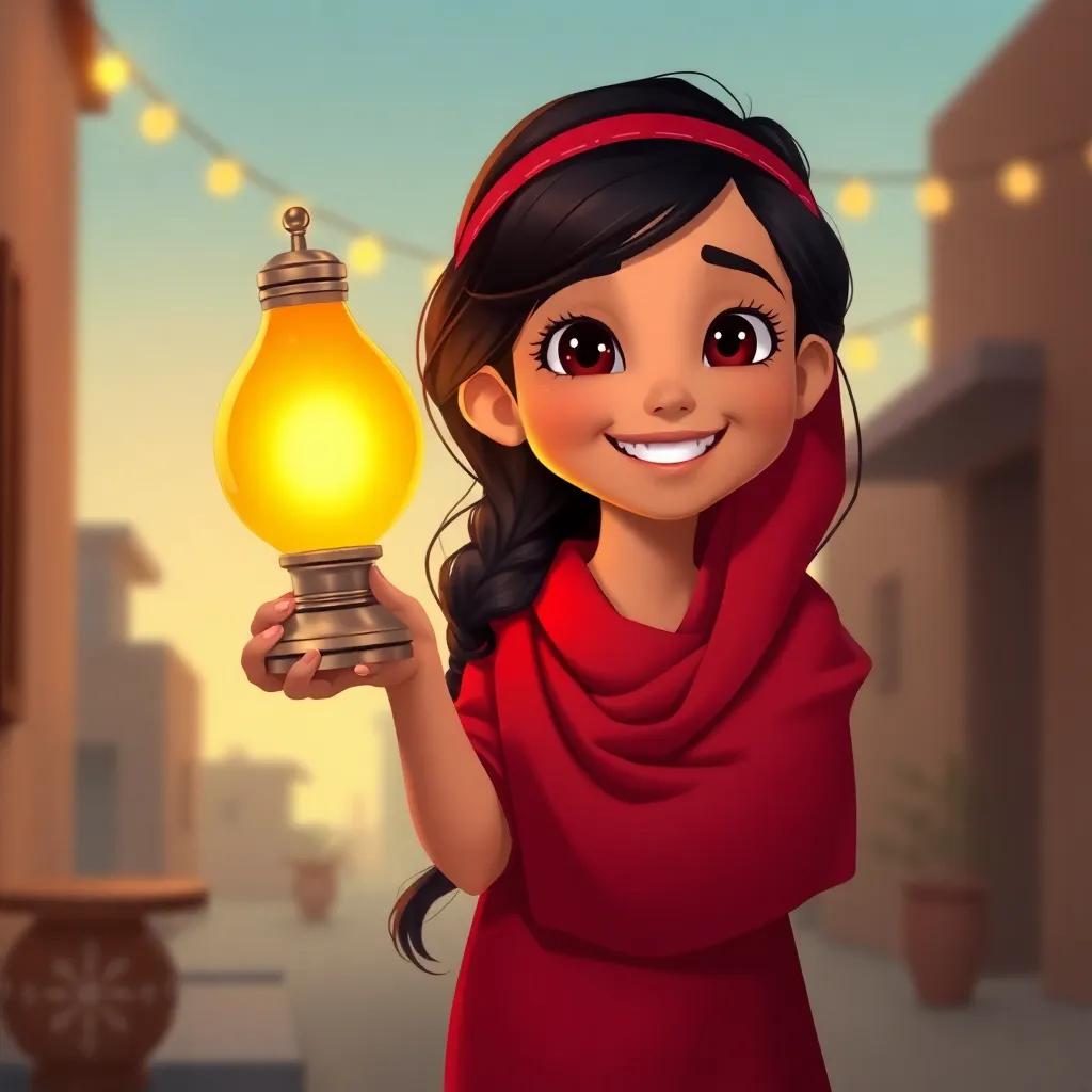 The young Arab girl with dark hair, holding her new lamp with a big smile, returning home with a sense of achievement and joy, warm colors, high quality