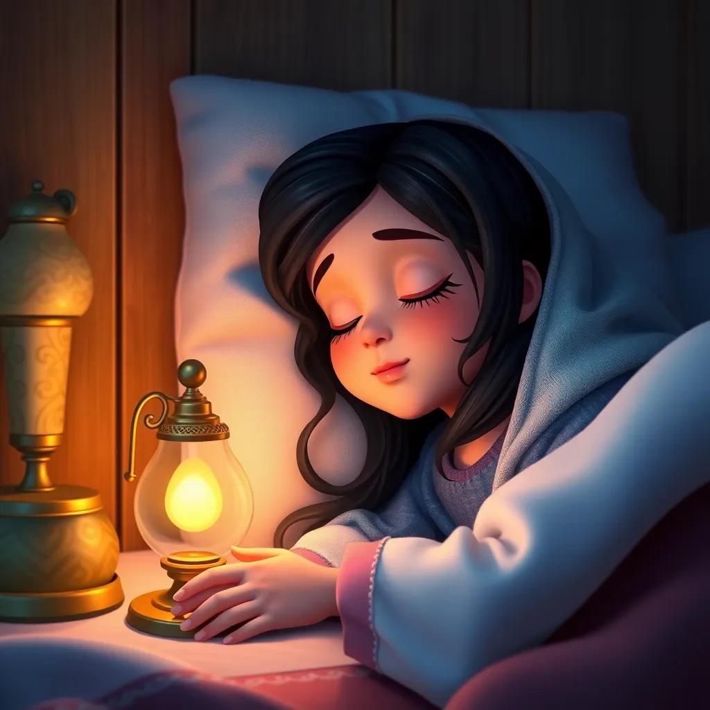 The young Arab girl with dark hair, sleeping soundly in her room with the lamp beside her, glowing softly, a peaceful and magical atmosphere, high quality