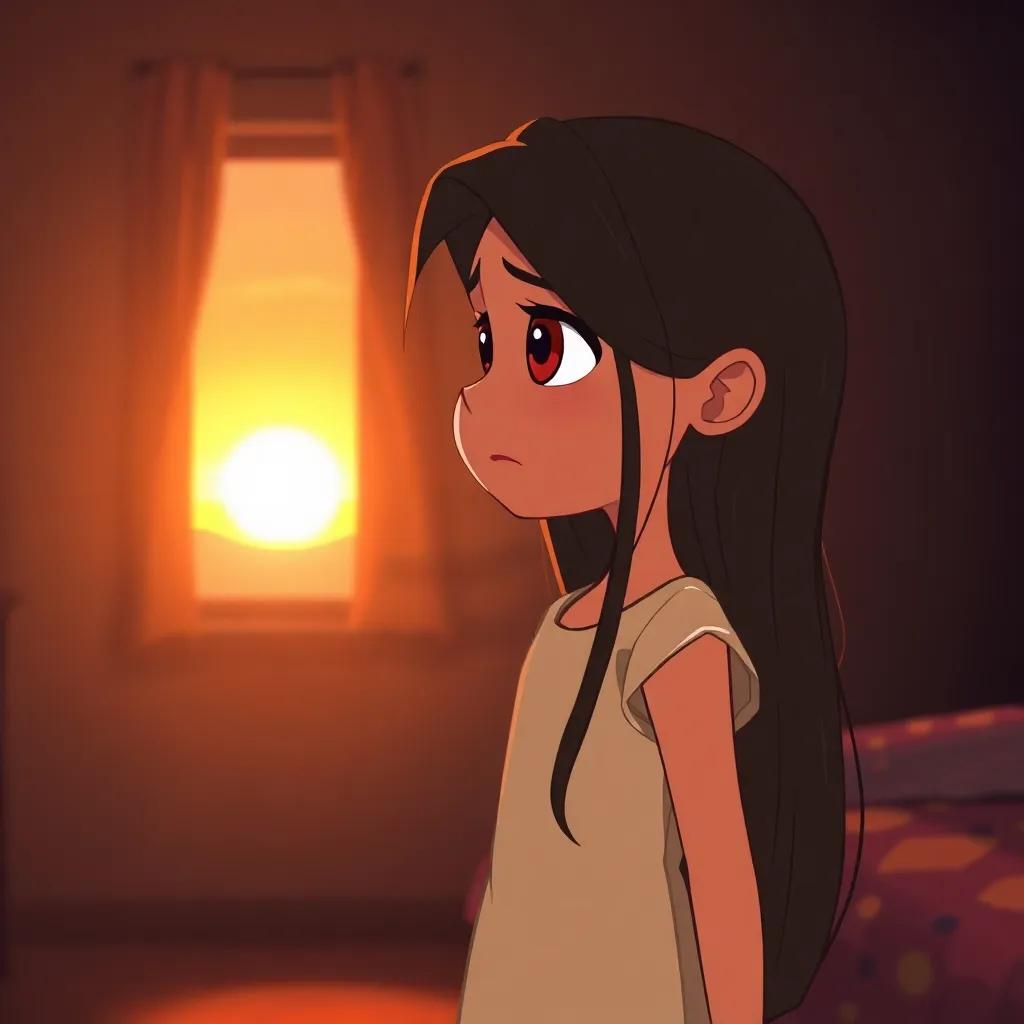 A young Arab girl, with long dark hair, wearing a simple dress, looking at the sunset with a sad expression, in a dimly lit room with a window, digital art, warm colors, emotional atmosphere, high quality