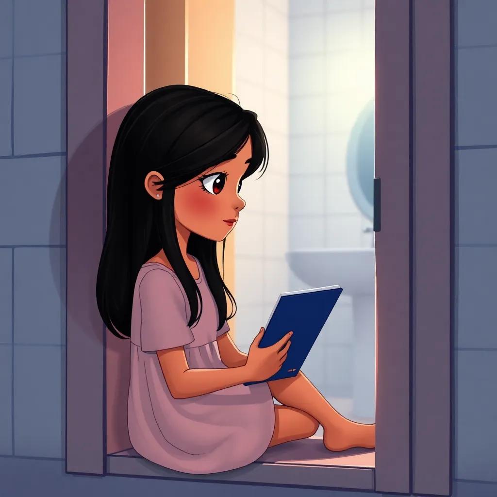A young Arab girl, with long dark hair, wearing a simple dress, sitting at the bathroom door doing homework, with a faint light shining from inside the bathroom, illustration, cozy, focused, vibrant colors