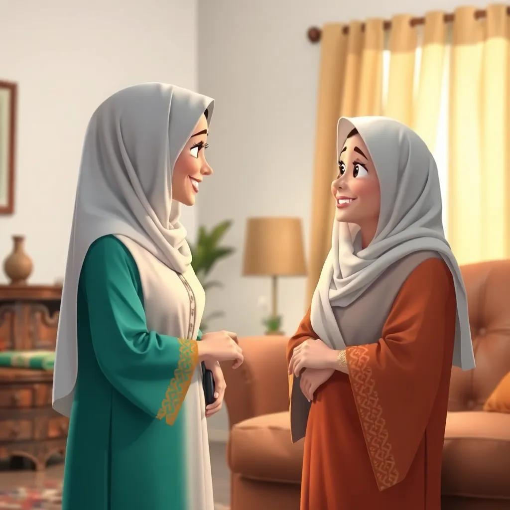 An Arab woman, wearing traditional clothes, greeting a neighbor in a living room, with a friendly face, discussing in a warm atmosphere, digital art, clear colors, inviting setting, high quality