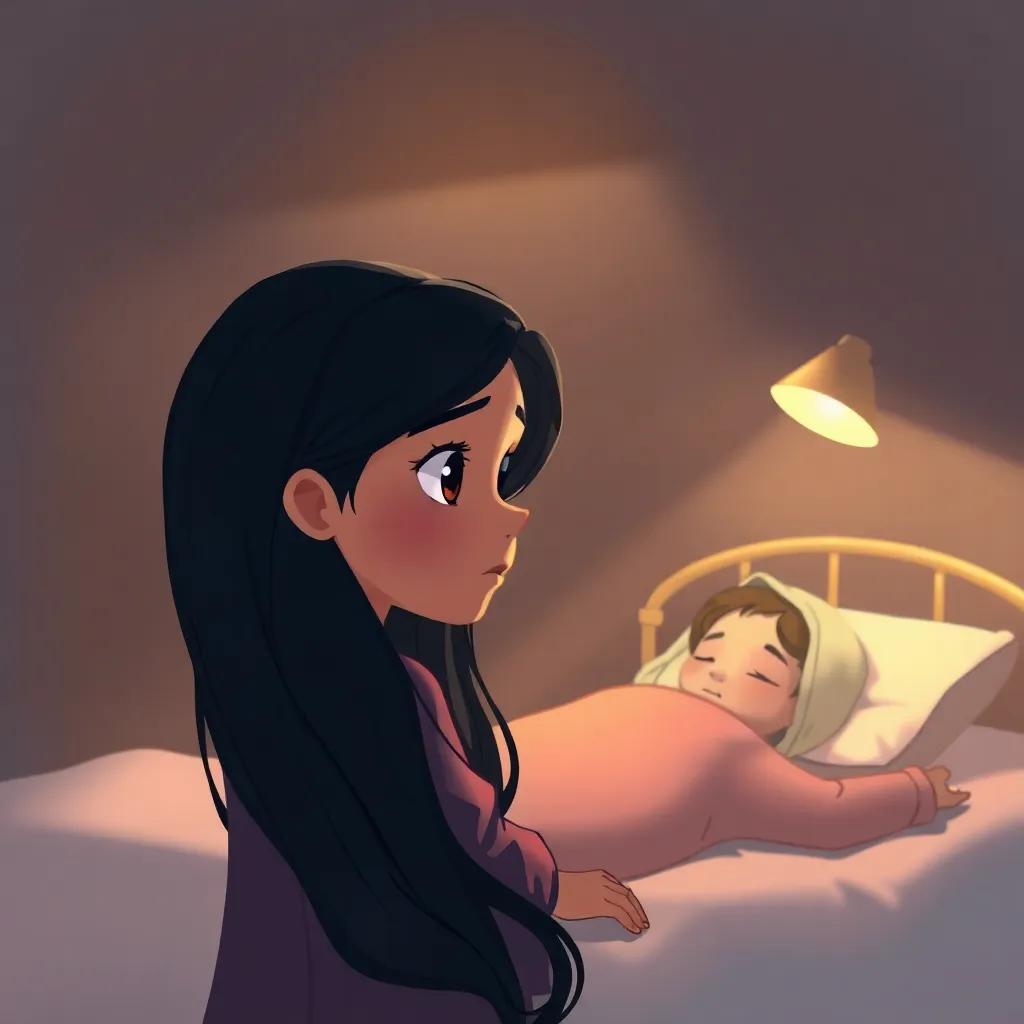 A young Arab girl, with long dark hair, looking nostalgic while thinking about her sick aunt, lying on a small bed, a faint light from a lamp above, illustration, warm tones, sentimental feel, high quality