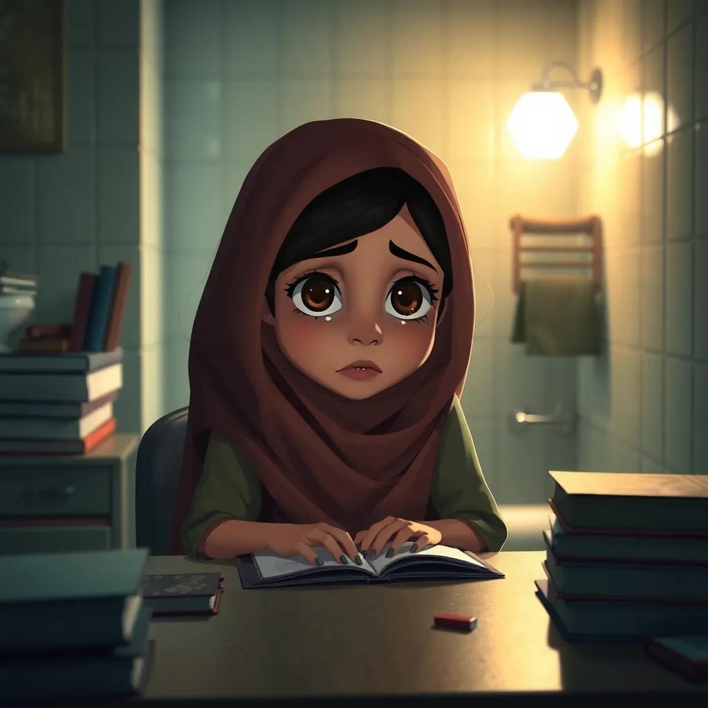 A young Arab girl, with tearful eyes sitting at her desk at night, with books scattered around, in a lit bathroom, feeling fearful, digital art, somber atmosphere, soft colors, high quality