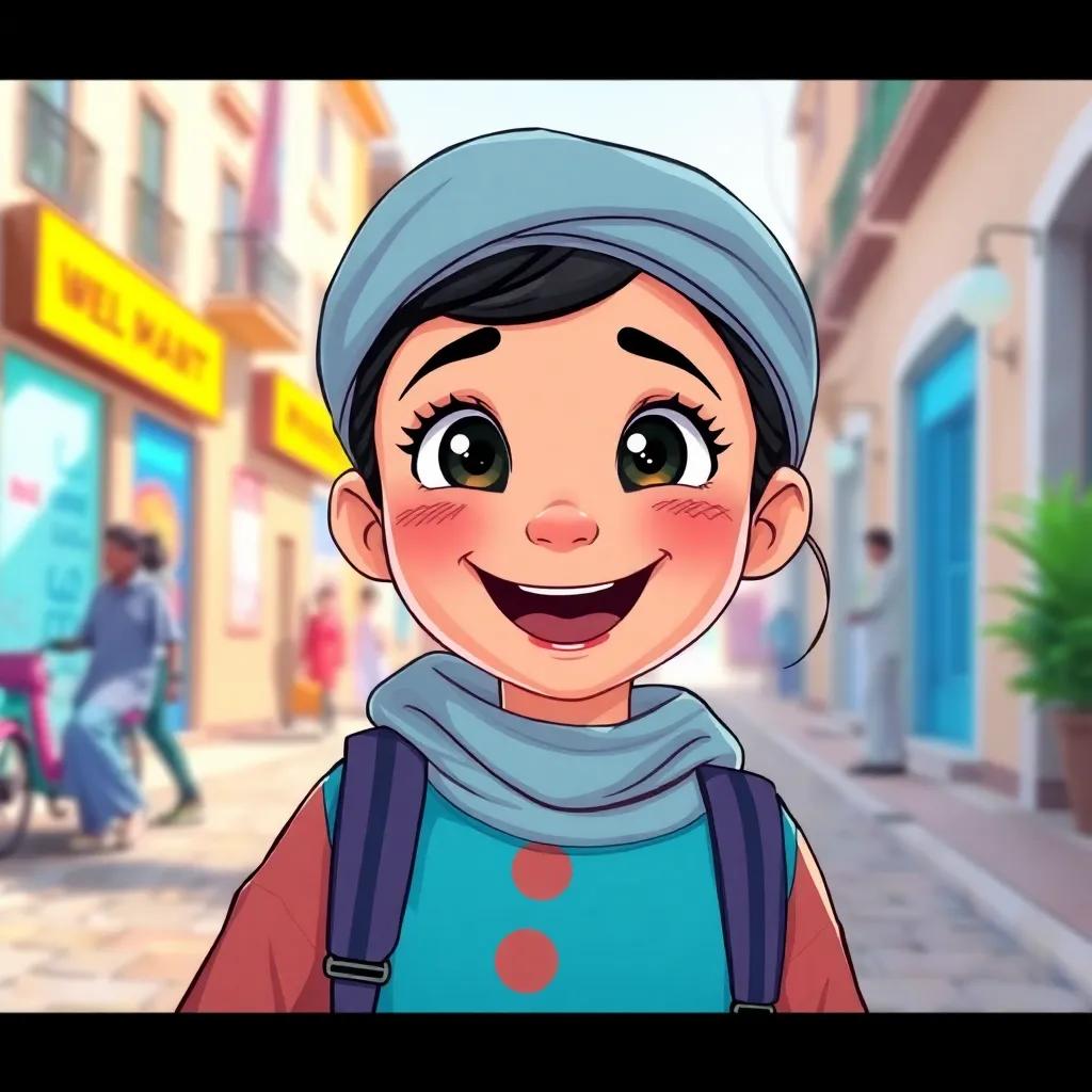 A young Arab girl, with joyful expression, receiving ten dirhams from her grandfather, in a bright street while going to school, excitement in her eyes, illustration, vibrant colors, cheerful setting, high quality