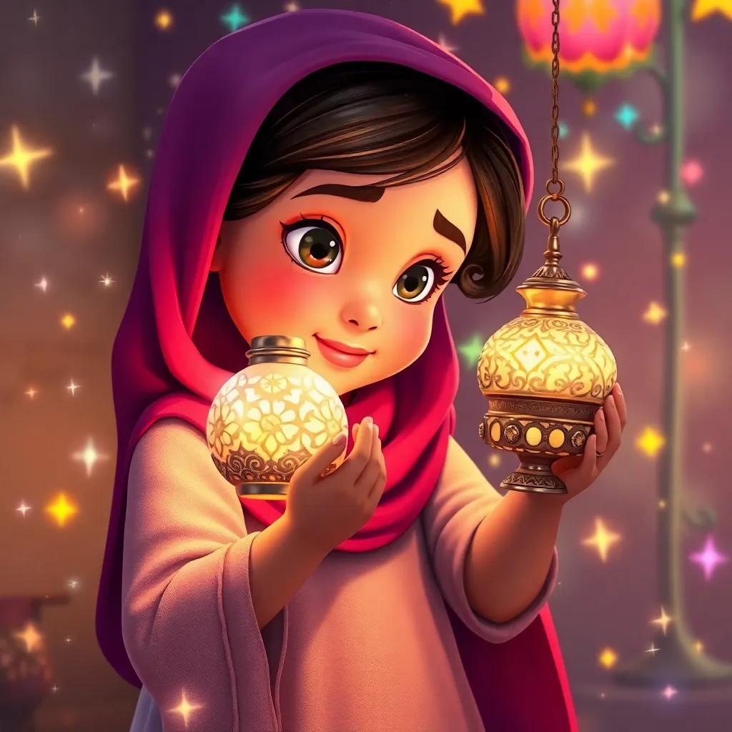A young Arab girl, holding a beautiful lamp, dreaming about how it will light her room, surrounded by sparkles and colorful stories, digital art, magical feel, bright colors, high quality