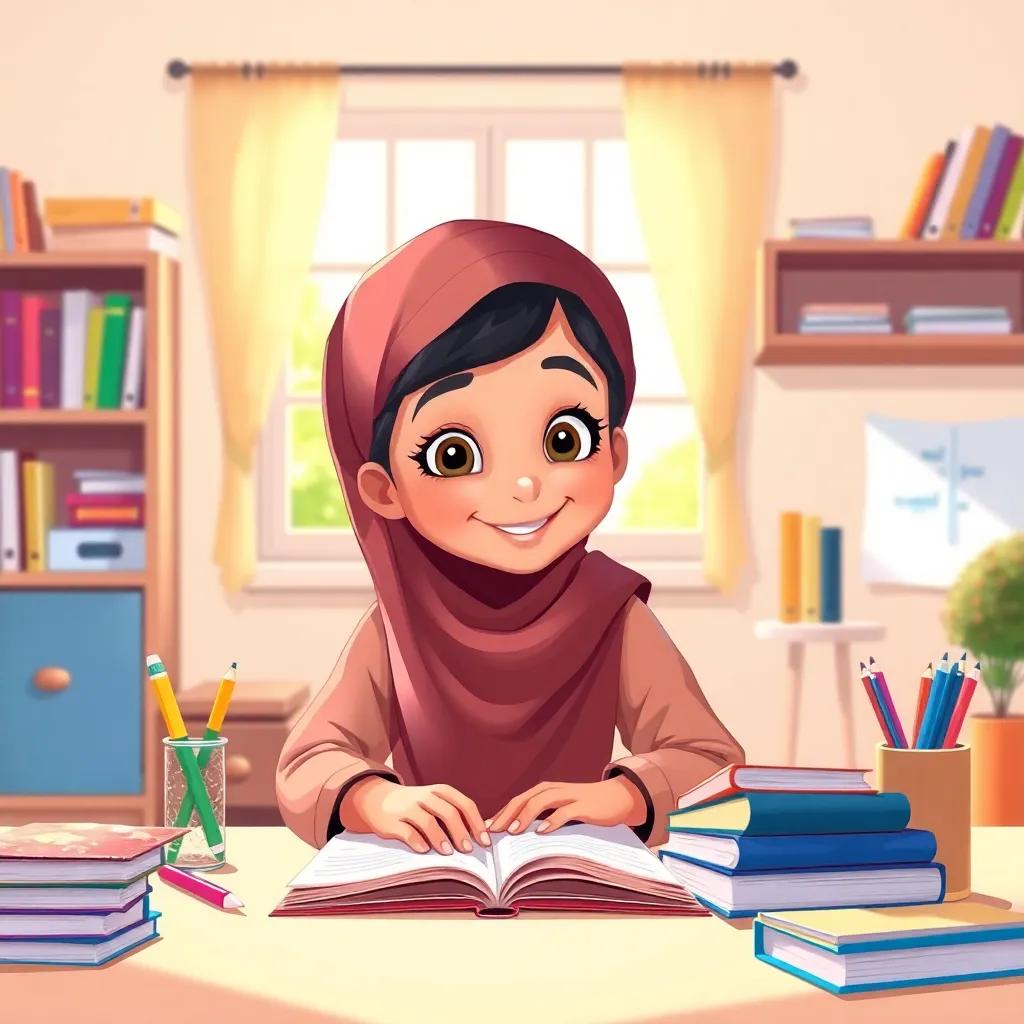 A young Arab girl, relaxed and happy doing her homework in a brighter room, with colorful stationery and books, feeling safe, illustration, cheerful and vibrant, high quality
