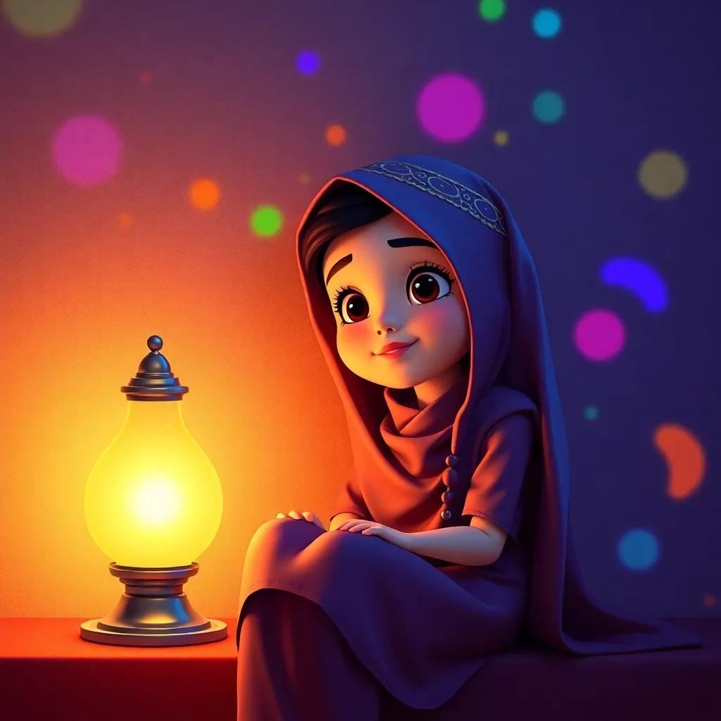 A young Arab girl, dreaming of her adventures, sitting beside a glowing lamp at night, colorful shadows dancing on the wall, whimsical and dreamy atmosphere, digital art, bright colors, high quality