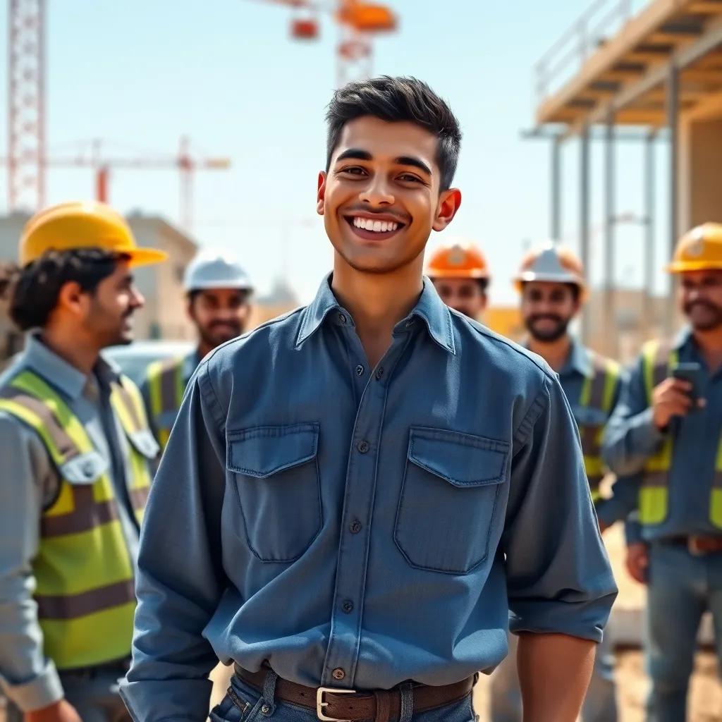 A young Egyptian man, Mustafa, with short black hair wearing a blue work shirt and jeans, smiling confidently while saying goodbye to his colleagues at a construction site, bright daylight, cheerful atmosphere, friendly expressions, digital art, high quality