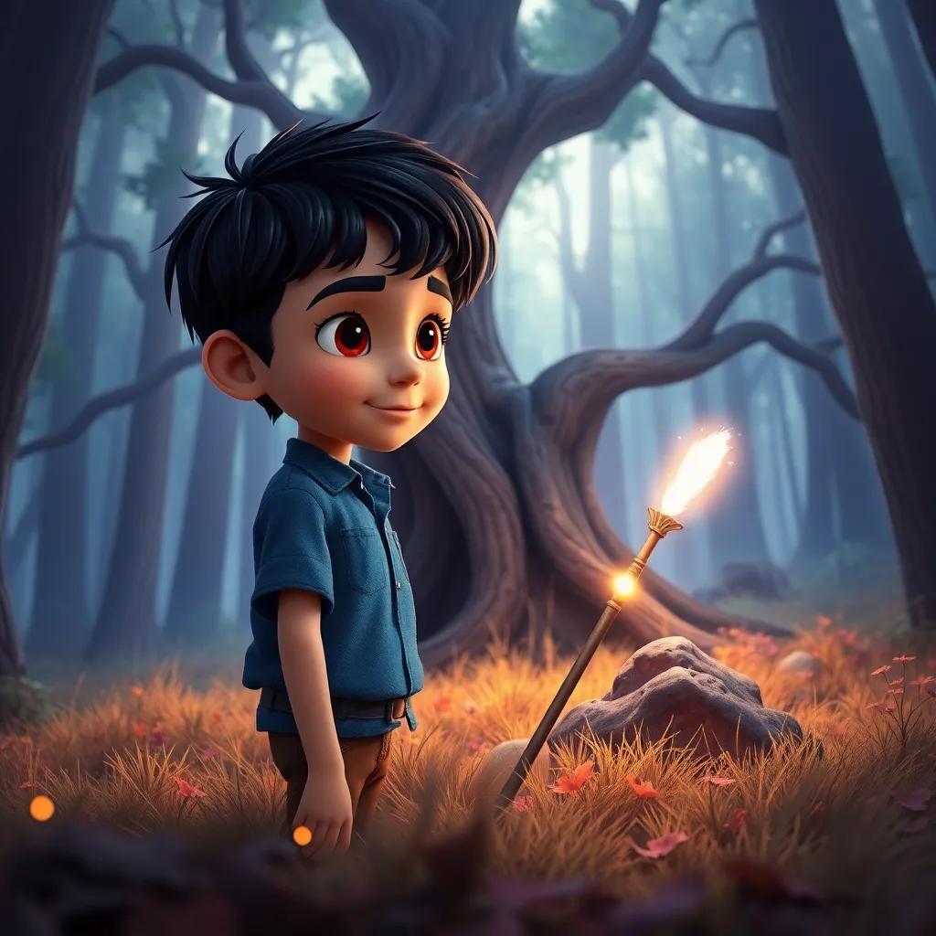 A young boy named Mustafa, with short black hair and wearing a blue shirt, exploring a forest with tall trees, finding a magical glowing wand under an old tree, digital art, colorful, vibrant, enchanting atmosphere