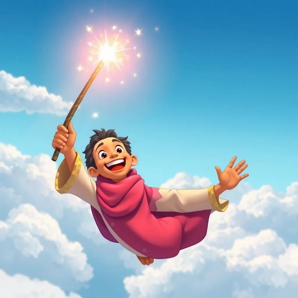 Mustafa holding the magical wand excitedly, with bright sparkles around him as he wishes to fly, soaring high above fluffy white clouds, joyful expression, illustration, cheerful, adventure-themed, child-friendly
