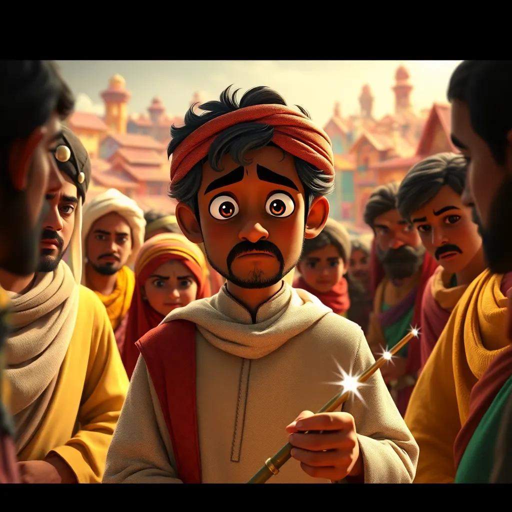 Mustafa looking worried surrounded by villagers who seem jealous, with the magical wand in his hand, the village in the background is colorful yet tense, scene in soft light, emphasizing feelings of conflict