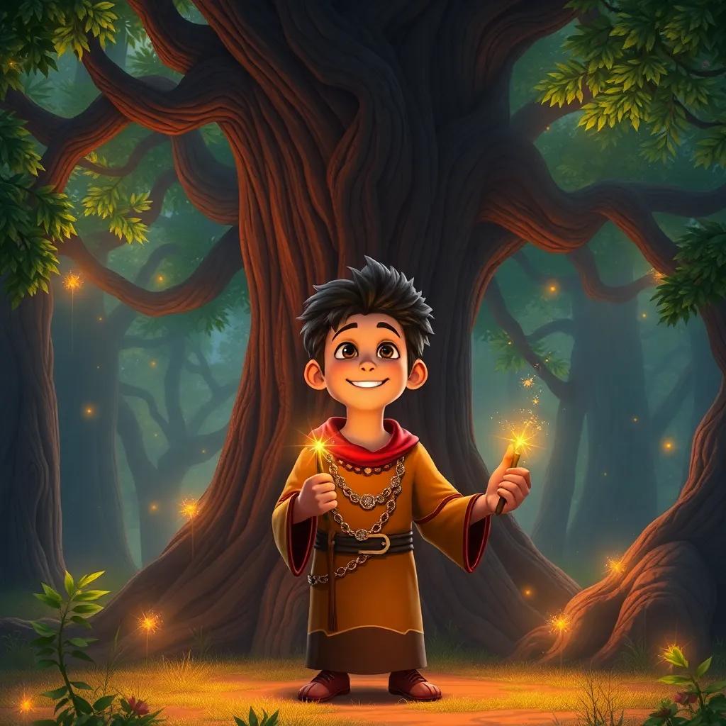Mustafa returning the magical wand under the ancient tree, with a serene expression, the forest surrounding him glowing warmly, symbolizing acceptance and growth, fantasy art, peaceful, inspiring