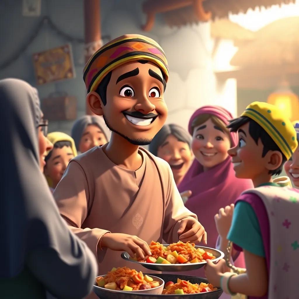 Mustafa smiling as he helps his friends and family in the village, sharing food and joyful moments, colorful characters celebrating around him, bright light, heartwarming scene, community and friendship