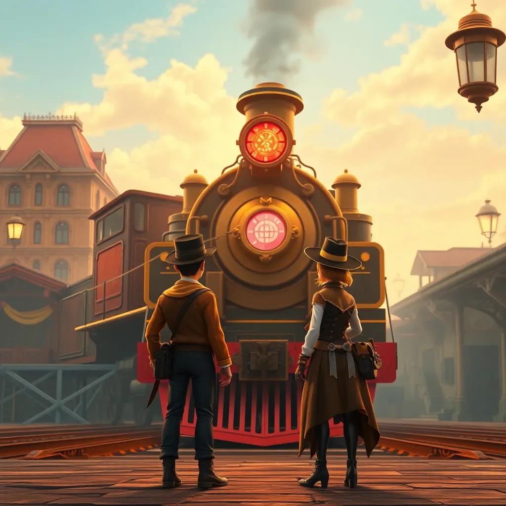 A wide shot of two characters in steampunk-inspired clothing standing before an ornate steam train, ready to depart from a vibrant new station in Erangel, detailed digital art, warm colors, exciting atmosphere, high quality