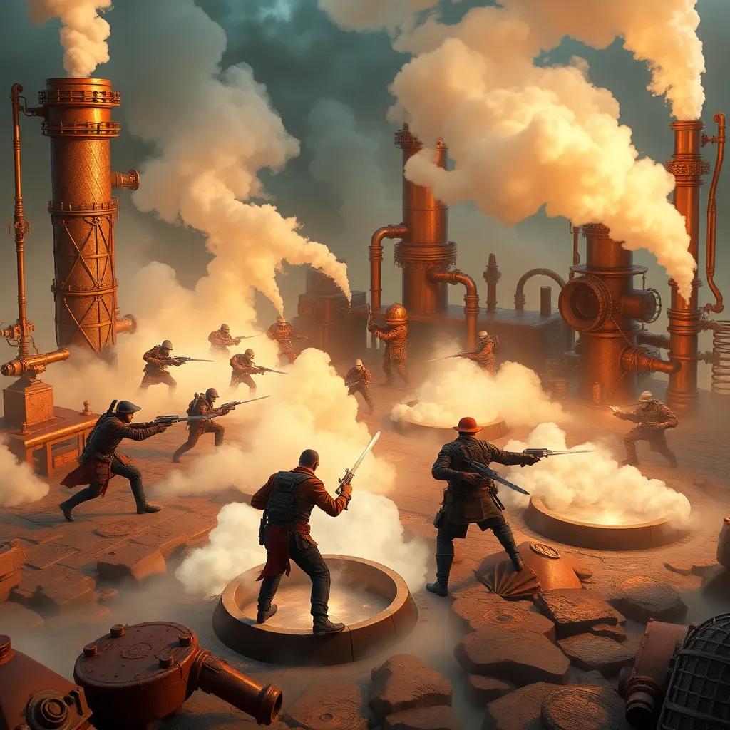 The players battling against an enemy squad amidst swirling clouds of steam rising from new ground vents on the map, decorated with steampunk elements: copper towers, pipes, and machines, action scene, dynamic lighting, intense colors, high quality