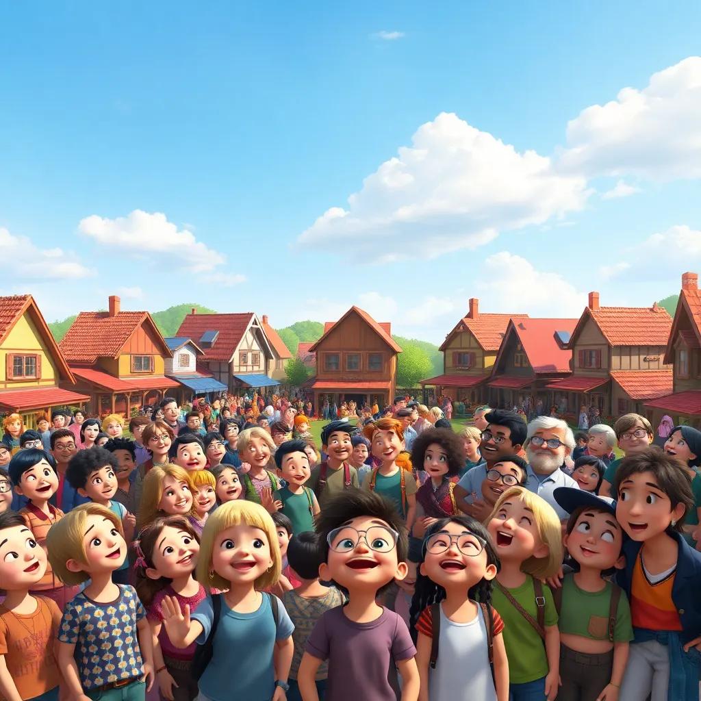 A large open village square filled with cheerful villagers from two neighboring villages, gathered together, looking up at the clear blue sky, colorful clothing, joyful expressions, digital painting, vibrant colors, community spirit, heartwarming, high quality