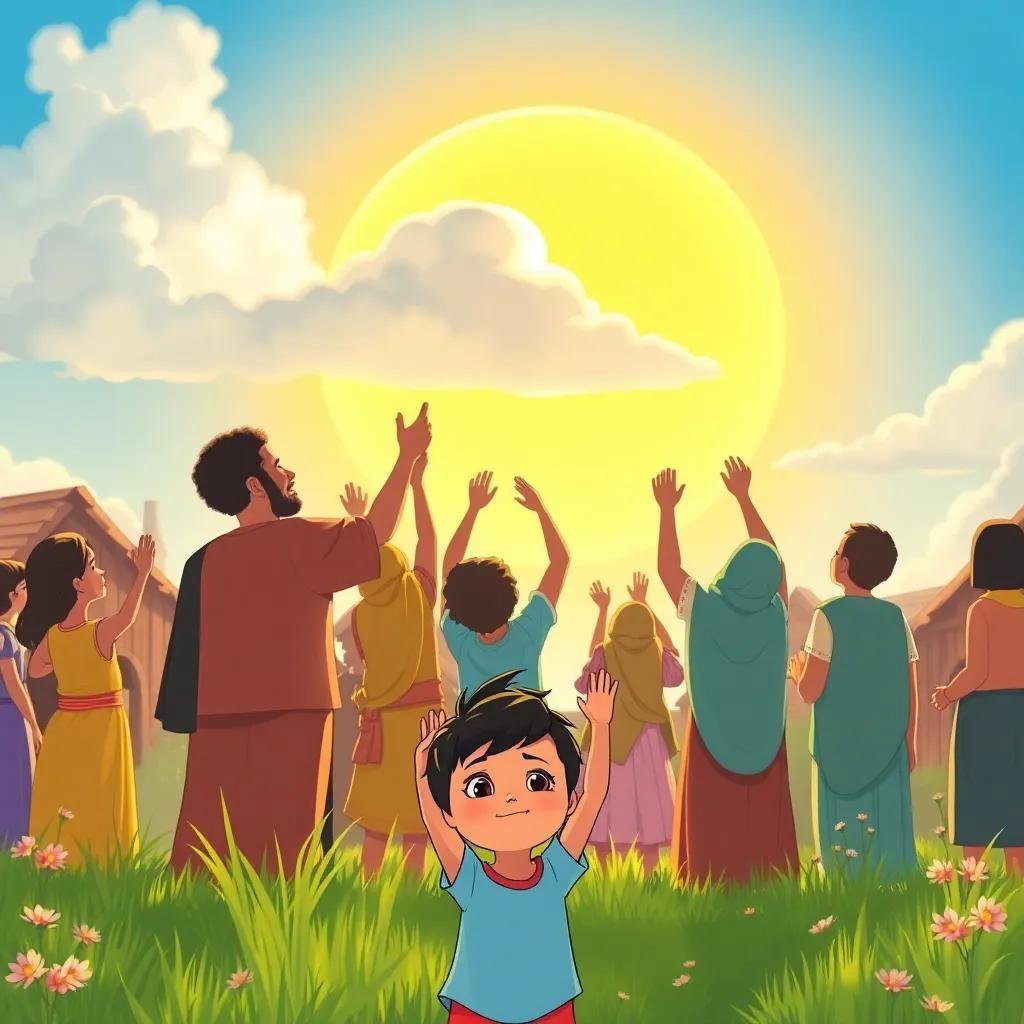 Villagers from two neighboring villages praying together in the sun, with hands raised to the sky, a child in the front with a hopeful expression, clouds forming in the background, illustration, cheerful, magical moment, child-friendly, high quality