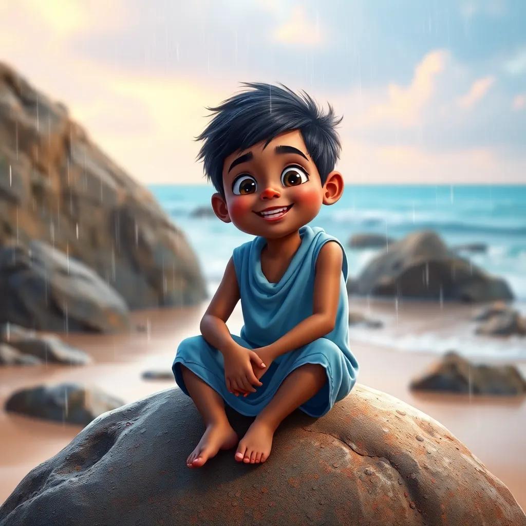 A young Arab boy, Akini, with dark skin and a playful smile, sitting on a large rock at the beach, droplets of rain glistening on his face, digital art, colorful and vibrant, cheerful atmosphere, high quality