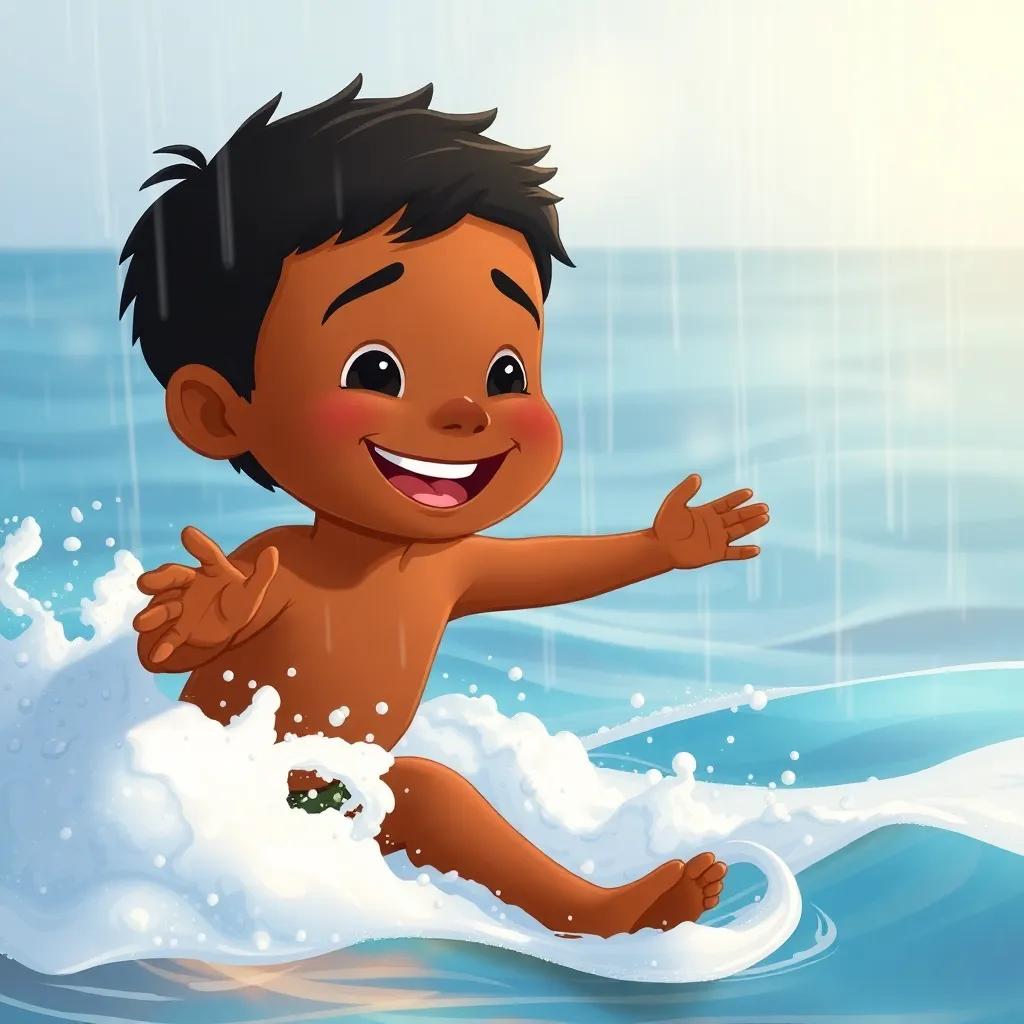 Akini, a young Arab boy with dark skin and a playful smile, experiencing the ocean waves touching his feet while raindrops fall around him, joyful and lively, illustration, warm and inviting, child-friendly