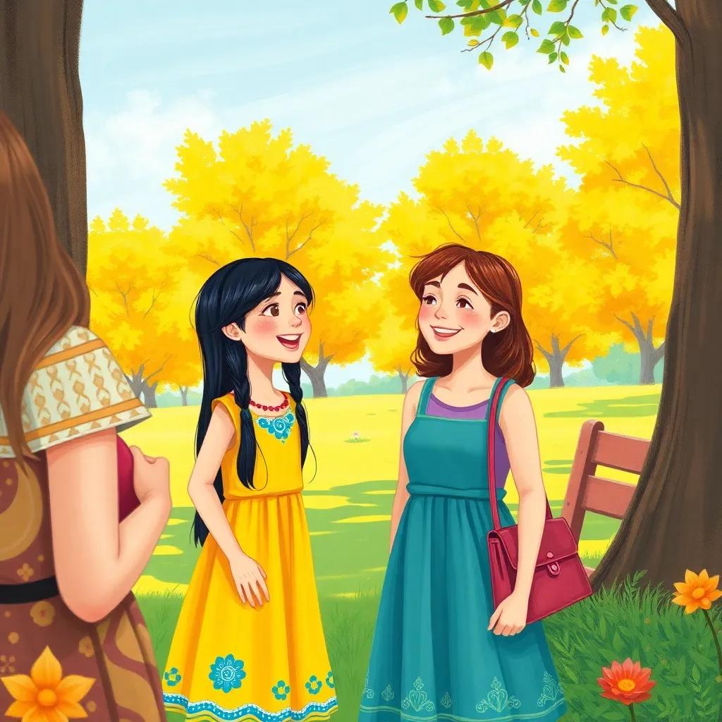 A young girl, Leila, with long black hair wearing a bright dress, talking animatedly with her friend Sarah in a sunny park, cheerful atmosphere, vibrant colors, illustration, child-friendly, high quality