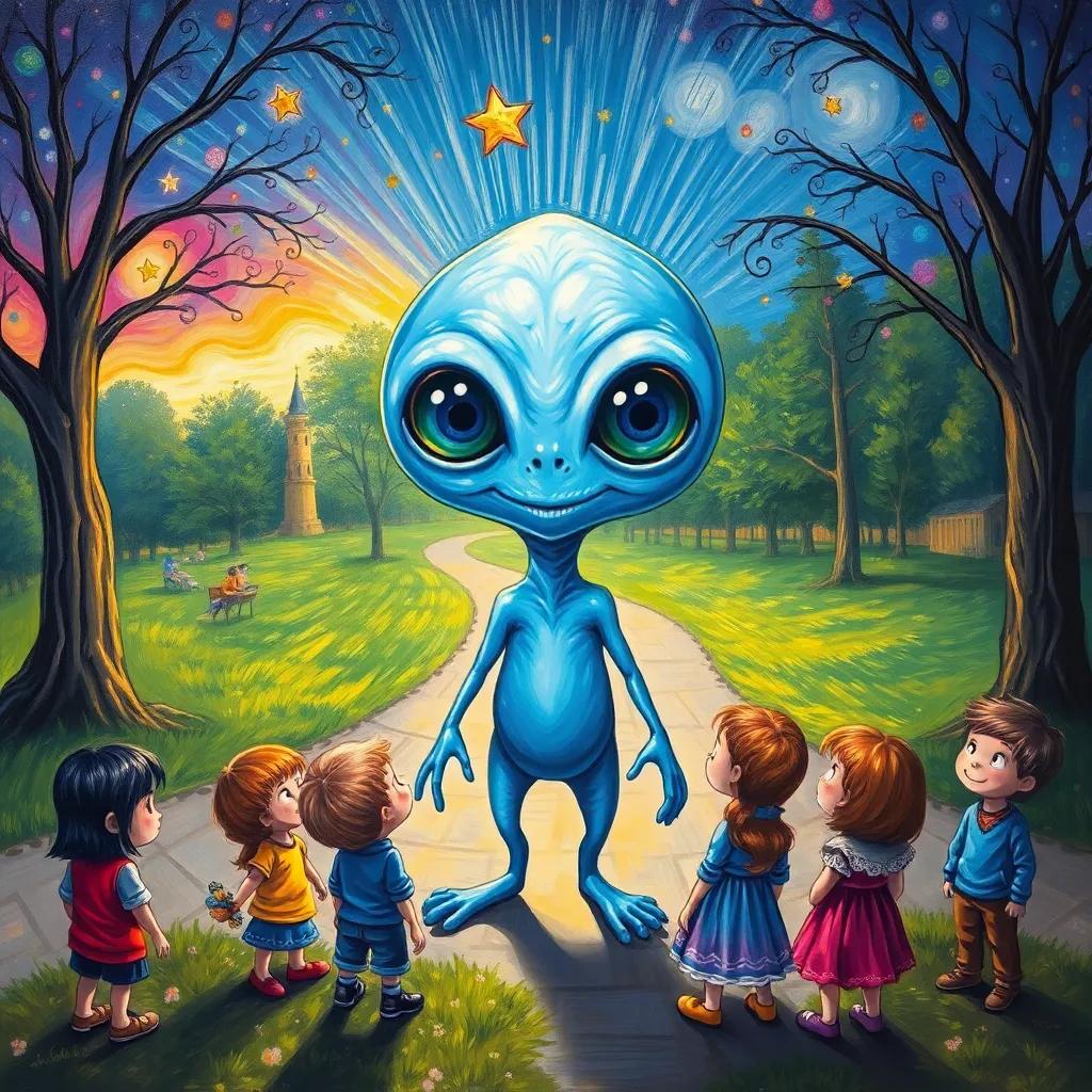 A cheerful alien named Cosmo, with blue skin and big round eyes, landing in the park with a ray of light, surrounded by curious children, whimsical style, vibrant colors, fantasy art, highly detailed, inviting atmosphere