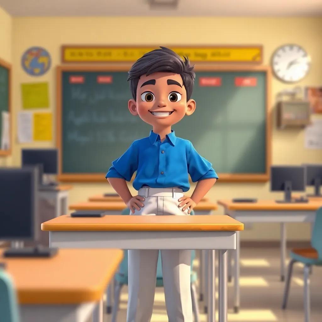 A young Arab boy, Muath, with short, dark hair, wearing a blue shirt and white pants, smiling confidently in his classroom, preparing for a school radio competition, digital art, cheerful atmosphere, vibrant colors, high quality