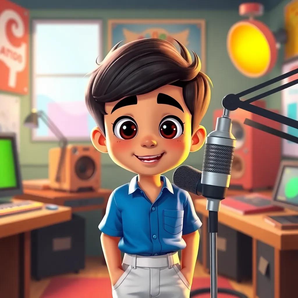 Muath, a young Arab boy, with short, dark hair in a blue shirt and white pants, standing in front of a microphone in a school radio studio, excited and ready, colorful equipment around him, digital illustration, bright lights, engaging scene, high quality