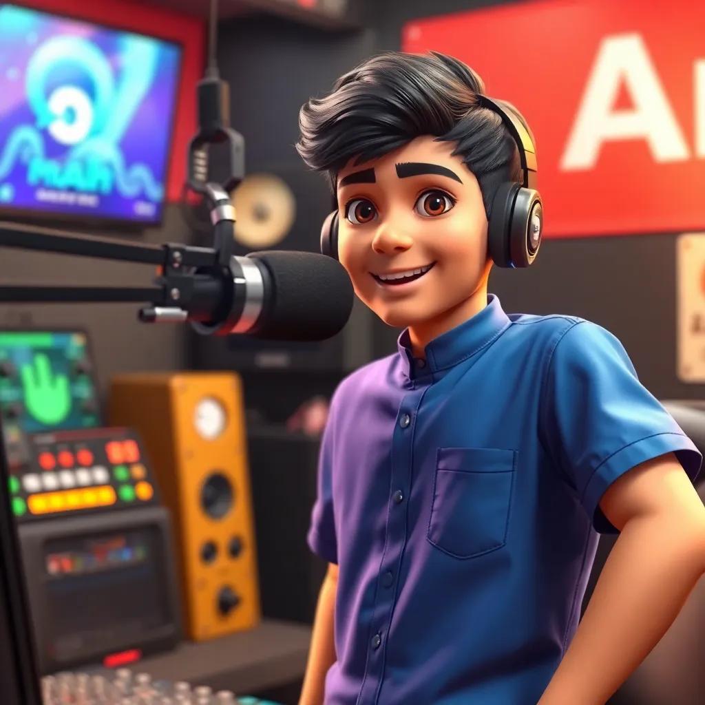 A radio studio scene with Muath, a young Arab boy with short, dark hair in a blue shirt, confidently speaking into a microphone, surrounded by colorful sound equipment, digital art, lively colors, focused atmosphere, high quality