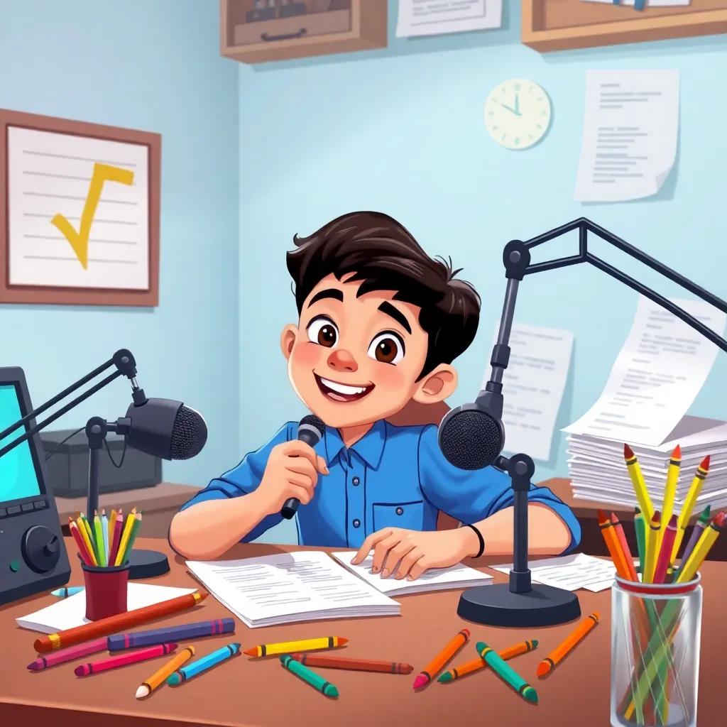Muath, a young Arab boy with short, dark hair in a blue shirt, happily writing notes for his radio show, with a desk full of papers and colorful crayons, digital illustration, creative vibe, bright colors, high quality
