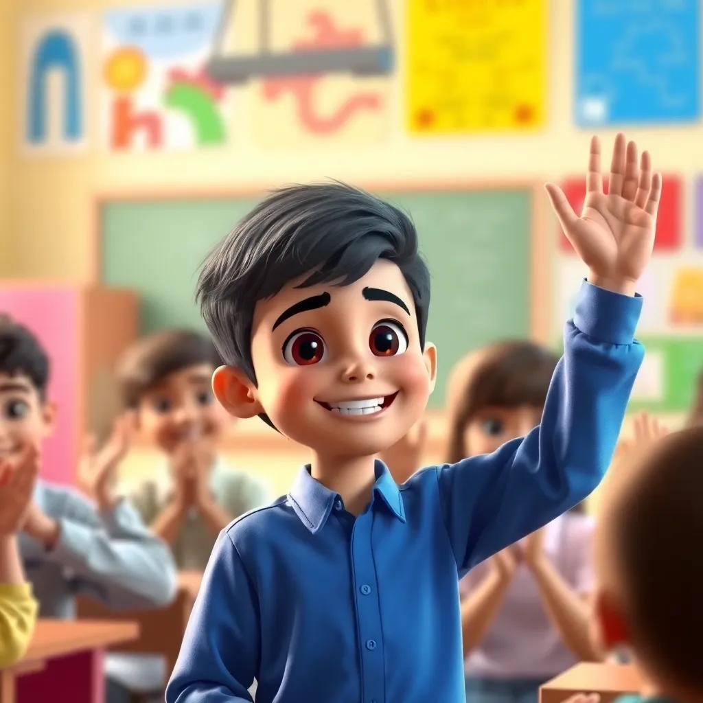 Muath, a young Arab boy with short, dark hair in a blue shirt, receiving applause from friends in a classroom, feeling proud and happy after his radio show, joyful expressions, colorful classroom background, digital art, uplifting atmosphere, high quality