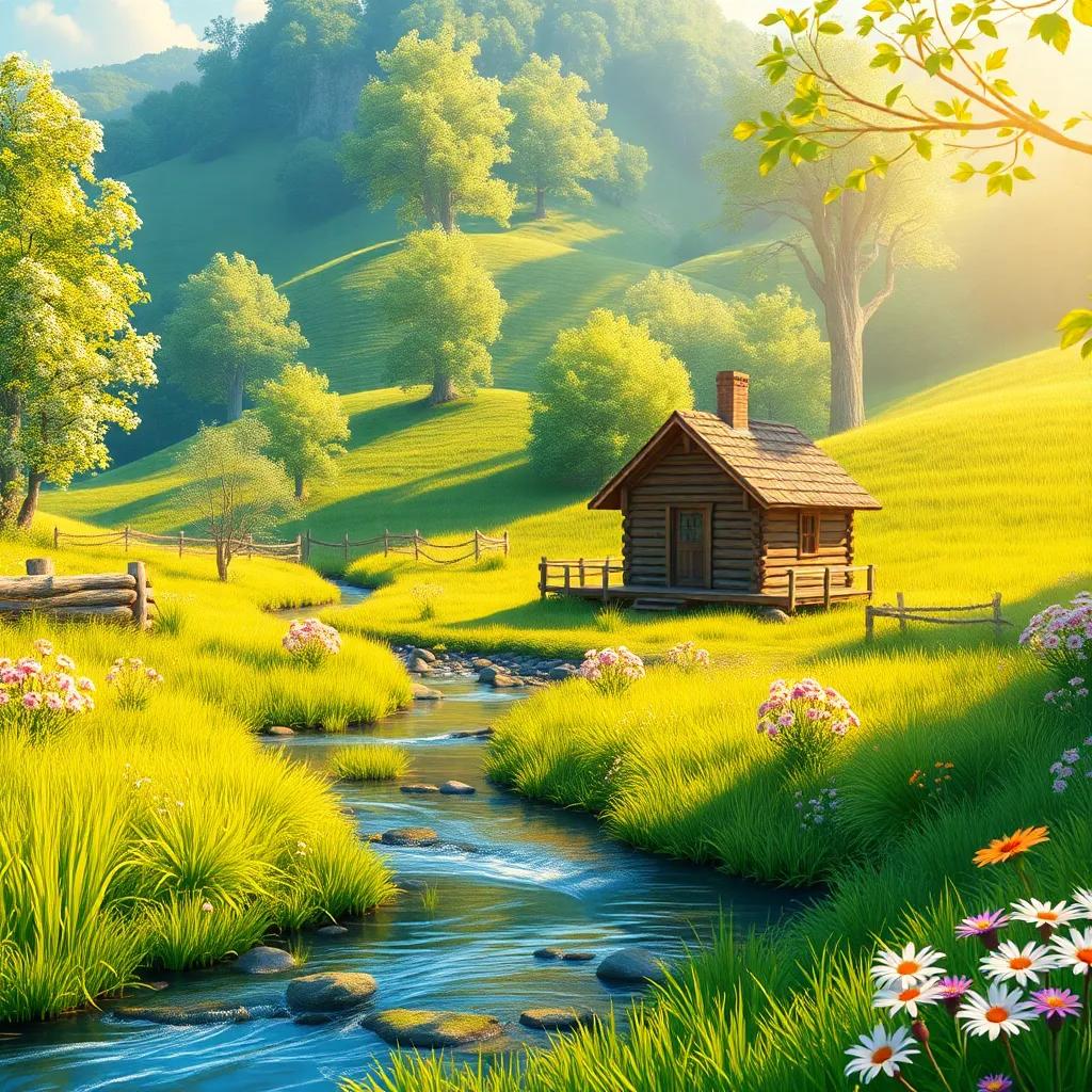 A beautiful rural scene with a small cozy cabin by a river, featuring lush green grass and blooming flowers, warm sunlight shining down, digital art, vibrant colors, inviting atmosphere, high quality