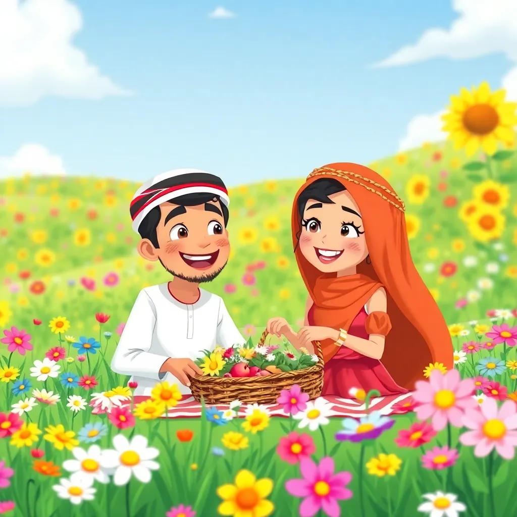 A young Arab couple, Moath and Dhi, enjoying a joyful picnic in a vibrant field filled with colorful flowers, under a clear blue sky, cheerful mood, illustration, bright and lively, child-friendly