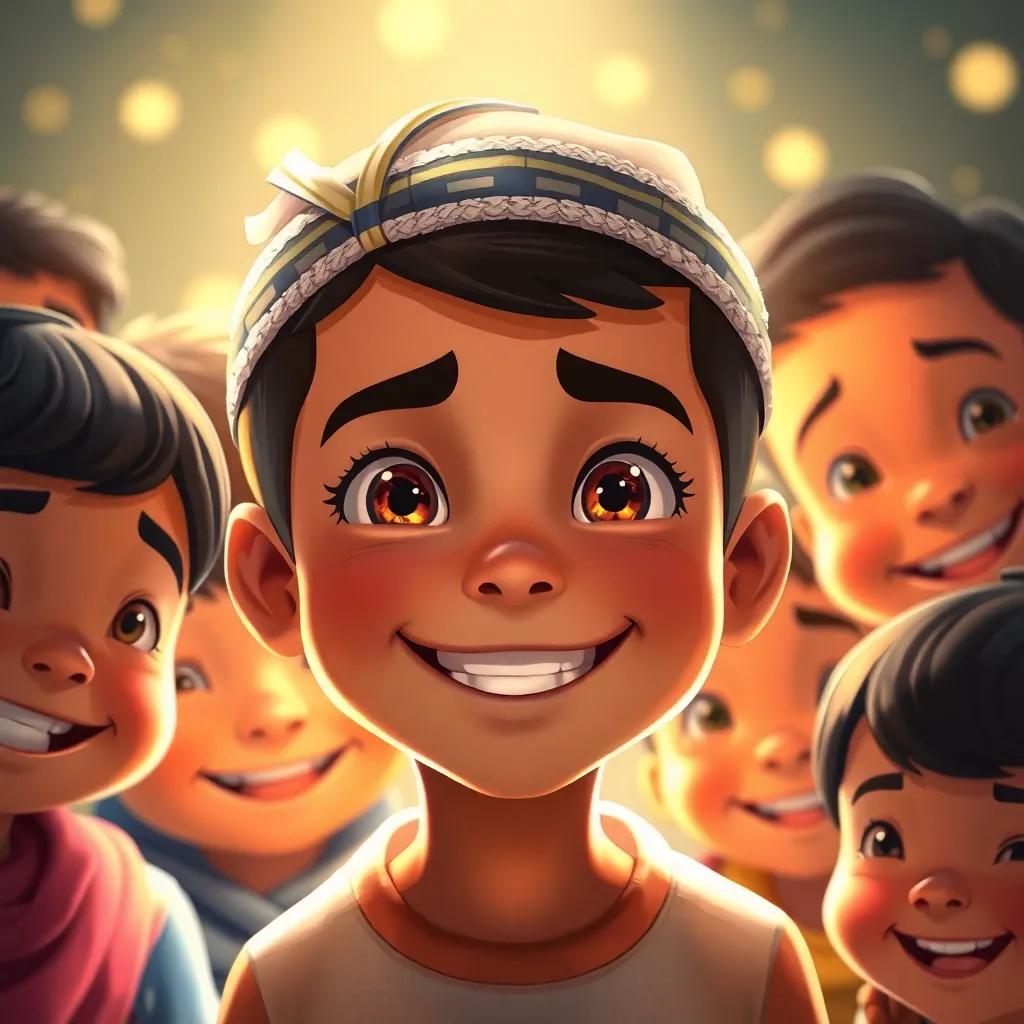 A close-up of Muadh, a boy with sparkling eyes and a wide smile, surrounded by children with an atmosphere of happiness and friendship, soft glowing lights, cheerful, heartwarming, illustrative style, high quality.