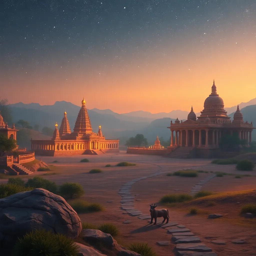 A peaceful ancient landscape of Dilmun with shining temples under a starry sky, digital art, calm atmosphere, warm colors, high quality