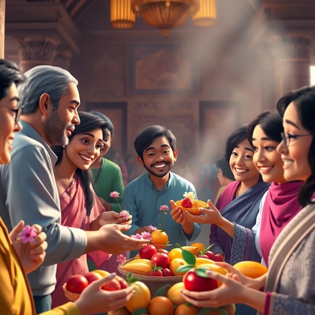 People gathered in a temple, offering fruits and flowers, with joyful expressions, soft light, vibrant colors, heartwarming