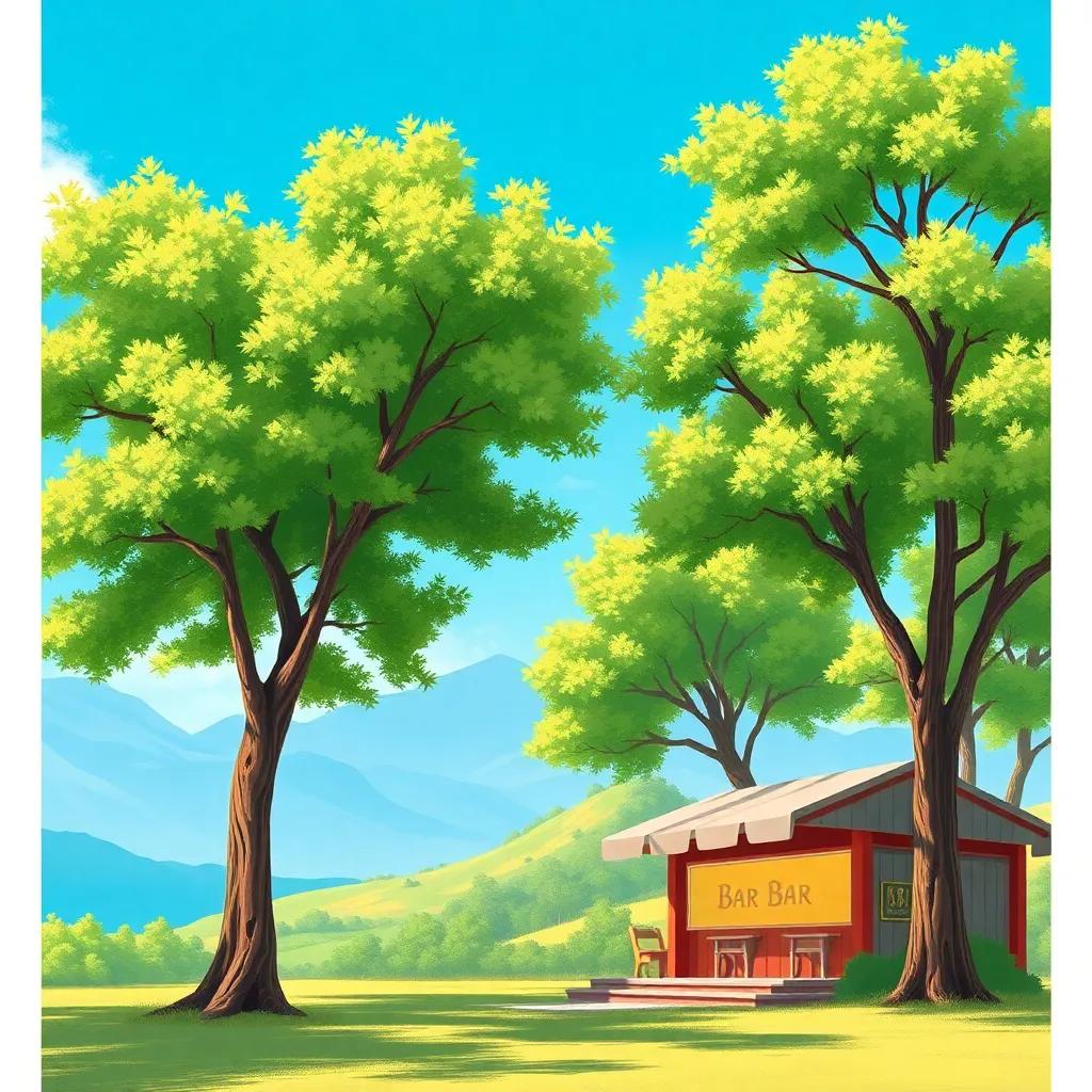 Bar Bar region with serene nature, trees swaying in the wind, bright blue sky, illustration, cheerful, inviting