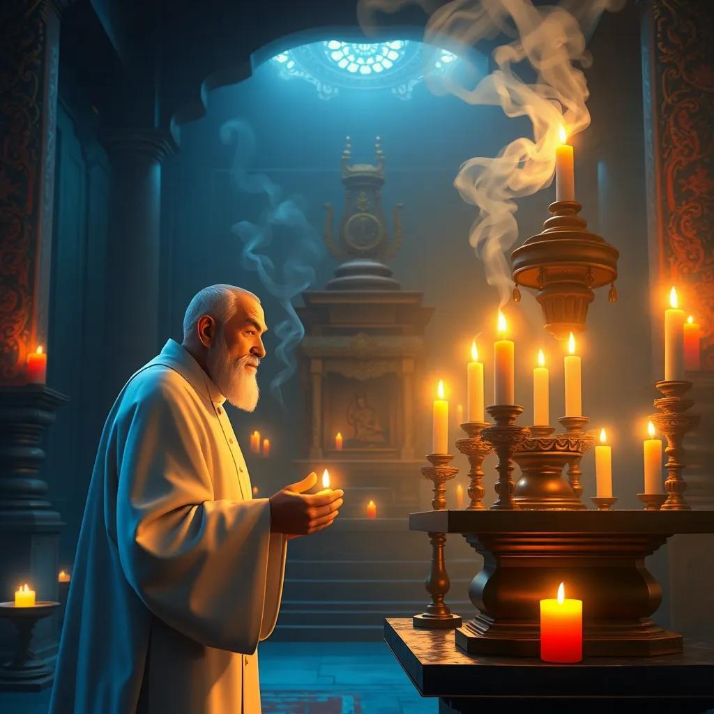 A priest in white robes lighting candles inside a temple, incense rising, warm candlelight glow, detailed digital art, reverent atmosphere