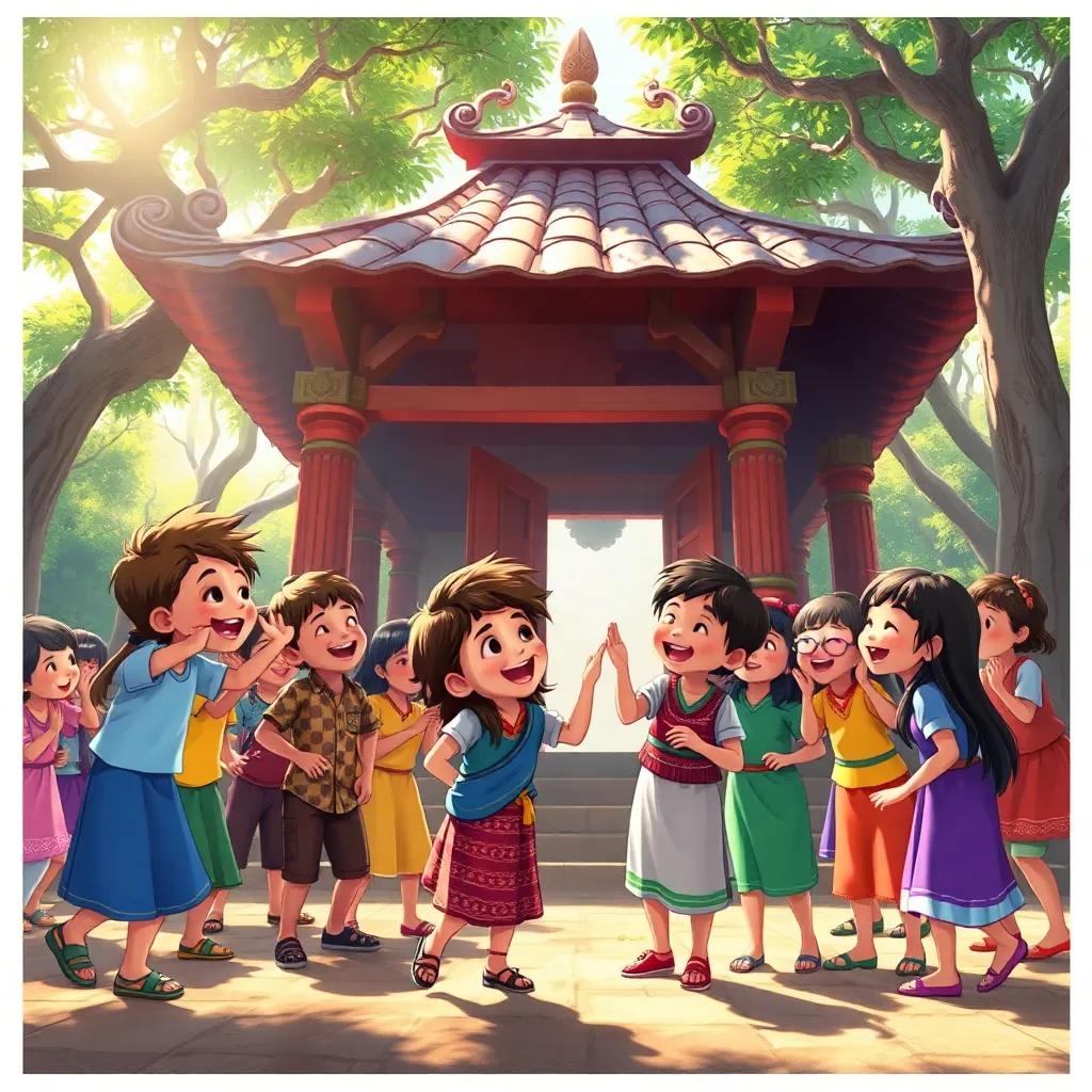 Children playing happily around a temple, laughing and singing, colorful clothes, bright sunlight filtering through trees, joyful scene