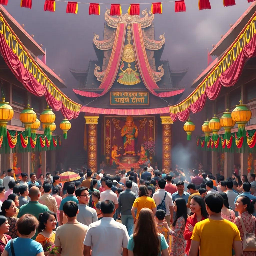 A large festival in the temple courtyard with people celebrating, decorations, colorful banners and joyful expressions, festive atmosphere, high quality