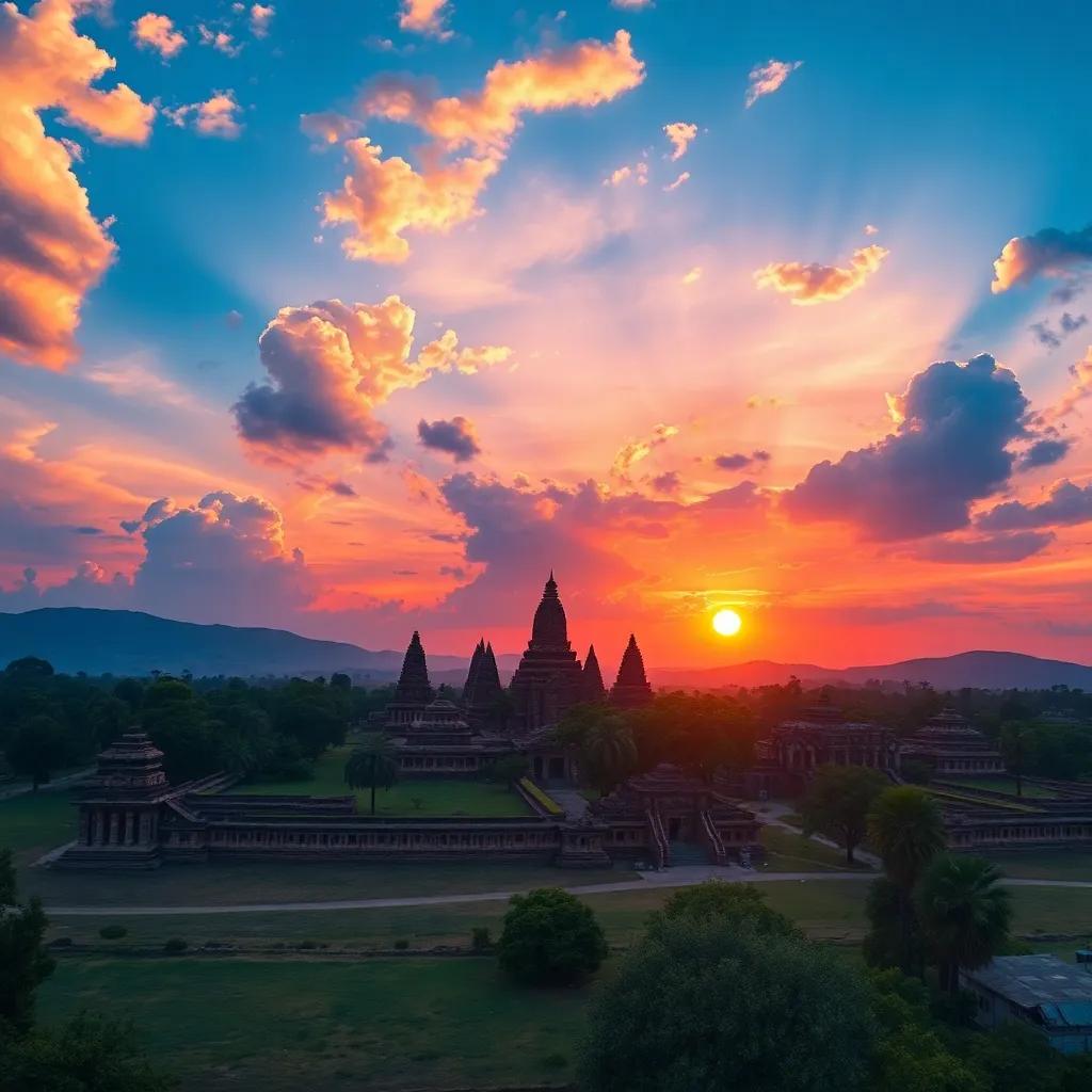 Time-lapse of sky shining over Dilmun temples at sunset, beautiful colors in the sky, serene scenery, digital painting, realistic