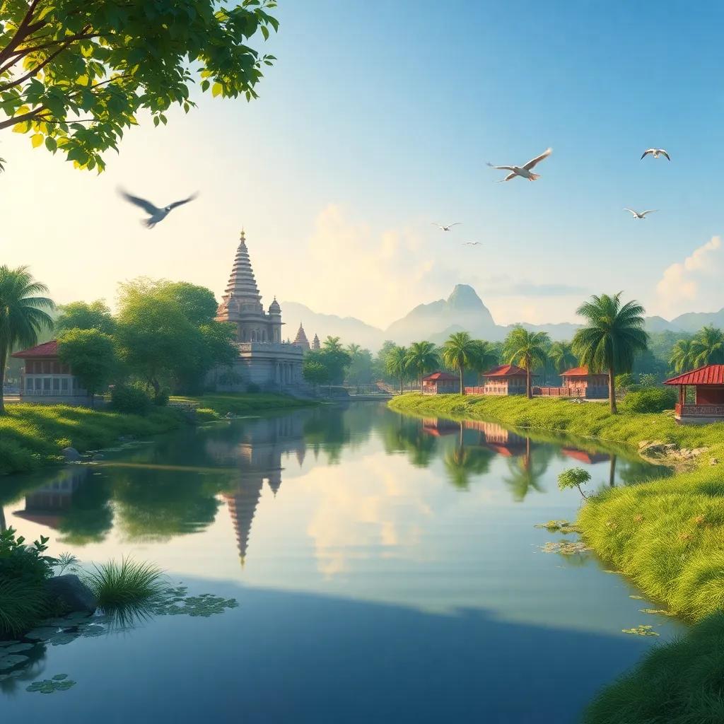 The tranquil rivers around Dilmun reflecting the temples, lush greenery, birds flying, peaceful scene, calming colors, child-friendly