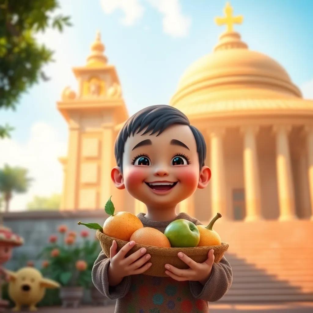 A child holding a fruit offering with a big smile in front of a temple, bright sunshine, happy expression, warmth in the air, cheerful art