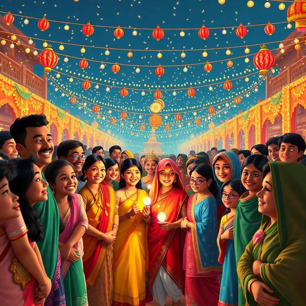 A grand celebration in Dilmun with everyone gathered, joyful faces, traditional attire, vibrant colors, festive lights, beautiful memories