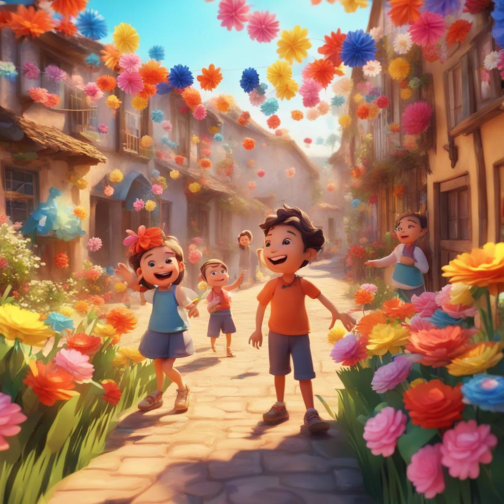 A sunny day in a village with colorful paper flowers displayed in a fair, children laughing and pointing at the flowers, digital art, bright colors, joyful atmosphere, lively perspective, high quality