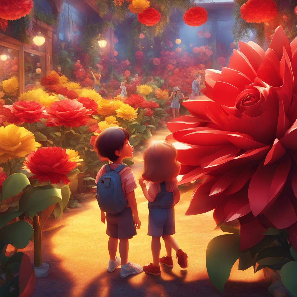 Children looking at a large red flower and a small yellow flower at the paper flower fair, amazed expressions, digital art, warm light, vibrant colors, engaging scene, high quality
