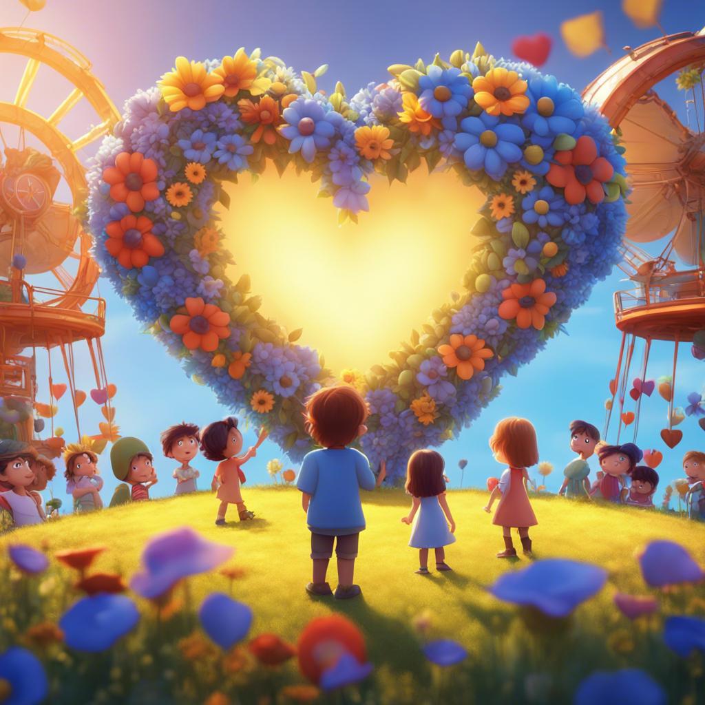 A heart-shaped blue flower in the middle of the fair, children gathered around it with curious expressions, bright sun shining, digital art, cheerful colors, inviting atmosphere, high quality